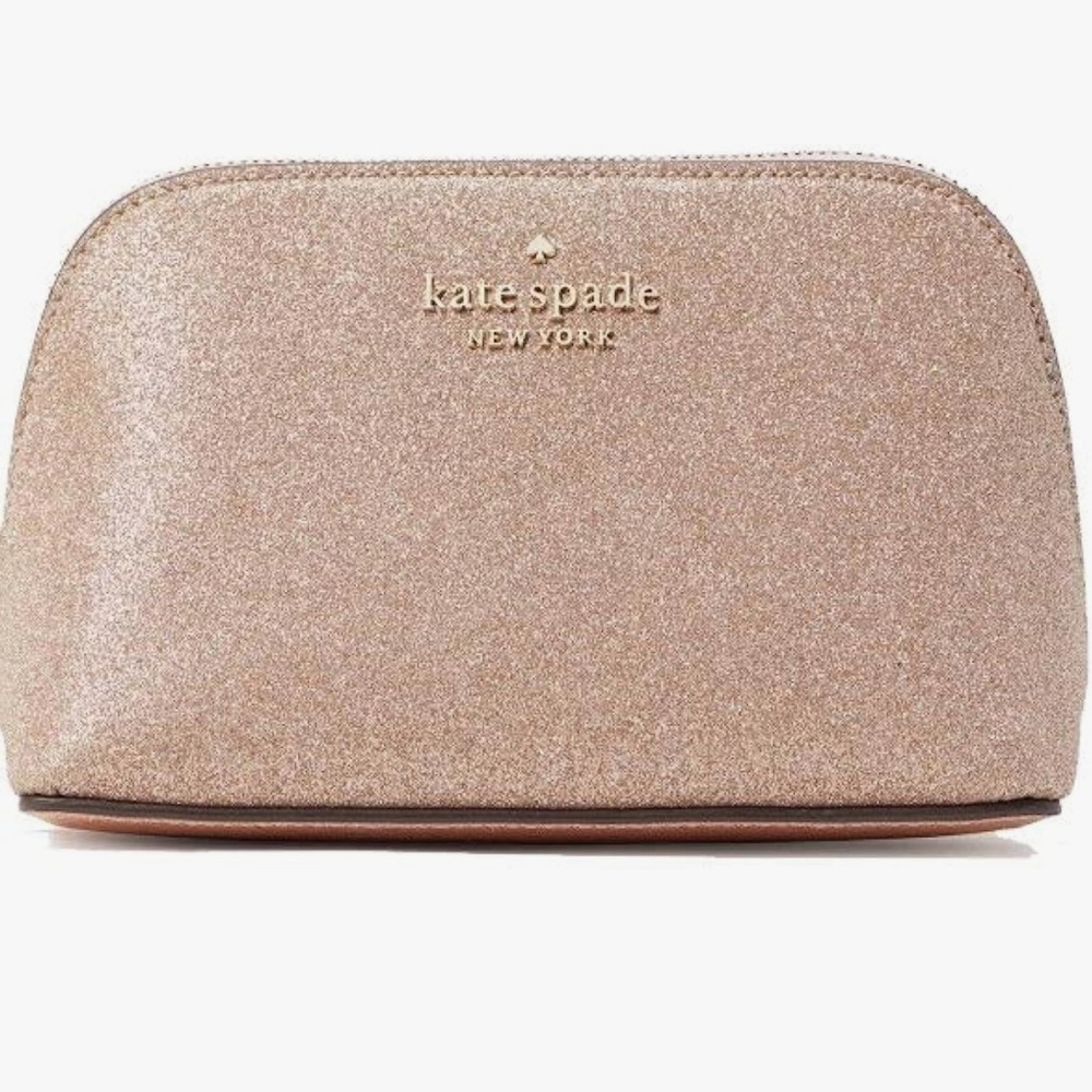 Kate Spade Joeley Tinsel Glitter Travel Dome Cosmetic Case in Rose Gold
